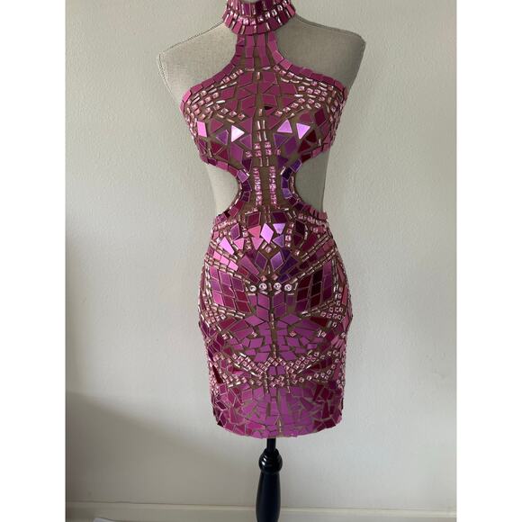 Grisha Acrylic Mirror Cutout Mini Dress Sz Small Pink Festival Rave Love Island - Picture 7 of 14